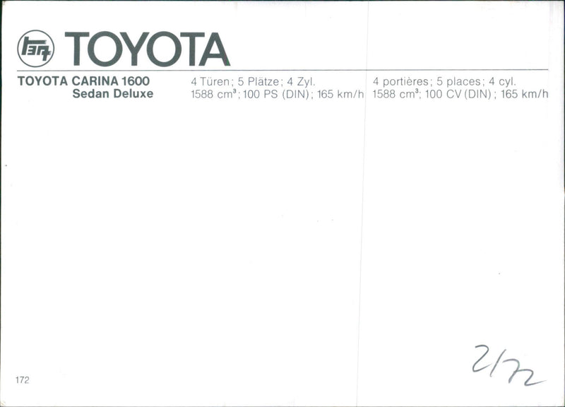 Toyota Carina 1600 Sedan Deluxe 1972 - Vintage Photograph