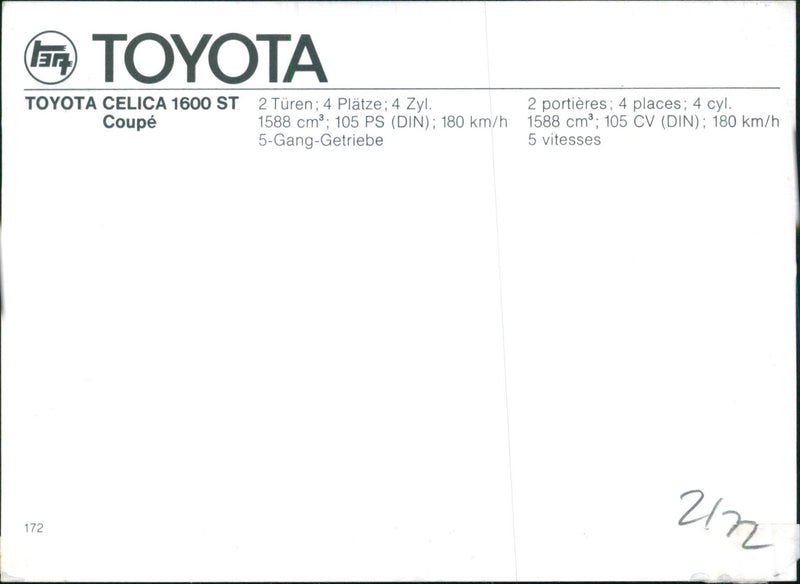 Toyota 'Celica' 1600 ST Coupe 1972 - Vintage Photograph
