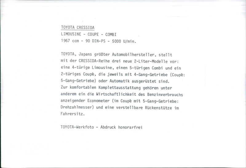 Toyota Cressida Limousine - Coupe - Combi- 1967. - Vintage Photograph