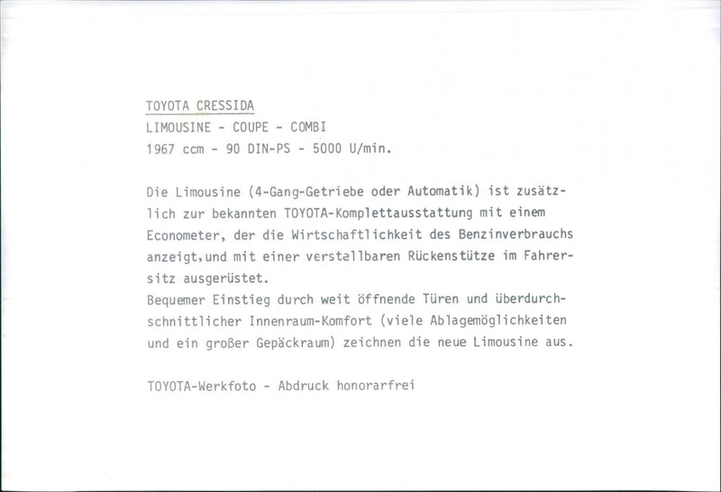 Toyota Cressida Limousine - Coupe - Combi 1967. - Vintage Photograph