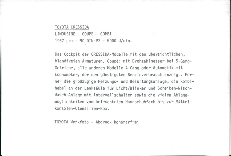Toyota Cressida Limousine - Coupe - Combi 1967. - Vintage Photograph