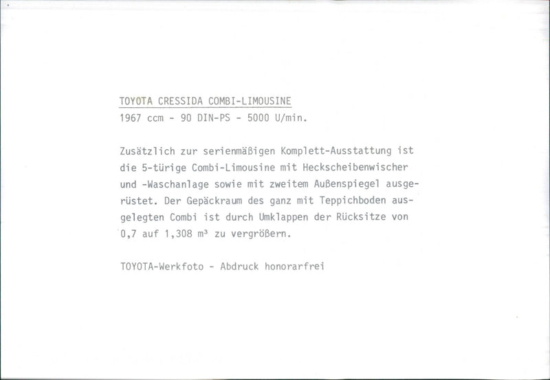 Toyota Cressida Limousine - Coupe - Combi 1967. - Vintage Photograph