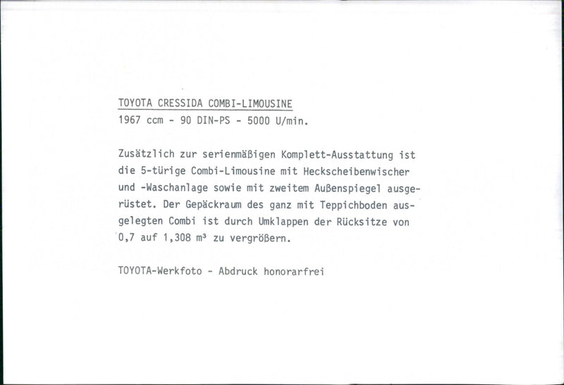 Toyota Cressida Limousine - Coupe - Combi 1967. - Vintage Photograph