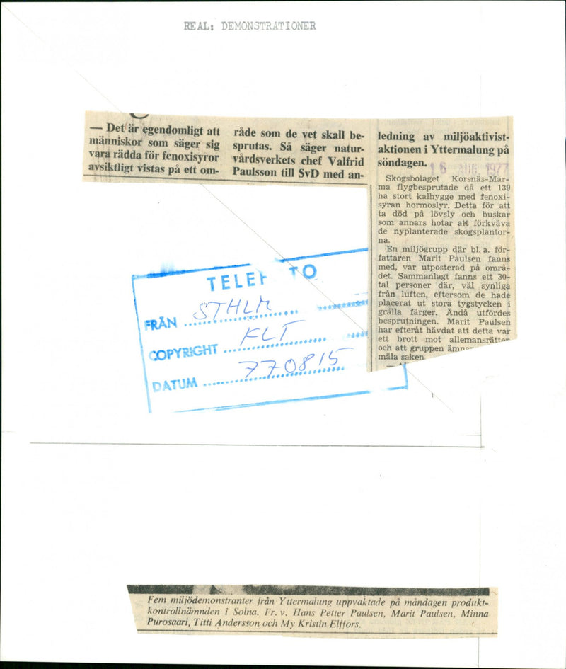 1977 ENVIRONMENTAL ACTIVIST PAULSSON NATUREACTION SAY EXTERMINATION INTENTIO ROTH - Vintage Photograph