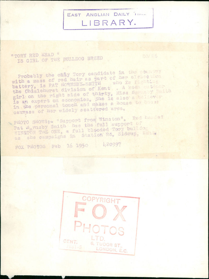 Patricia Hornsby-Smith on her Campaign with Tory The Bulldog - Vintage Photograph