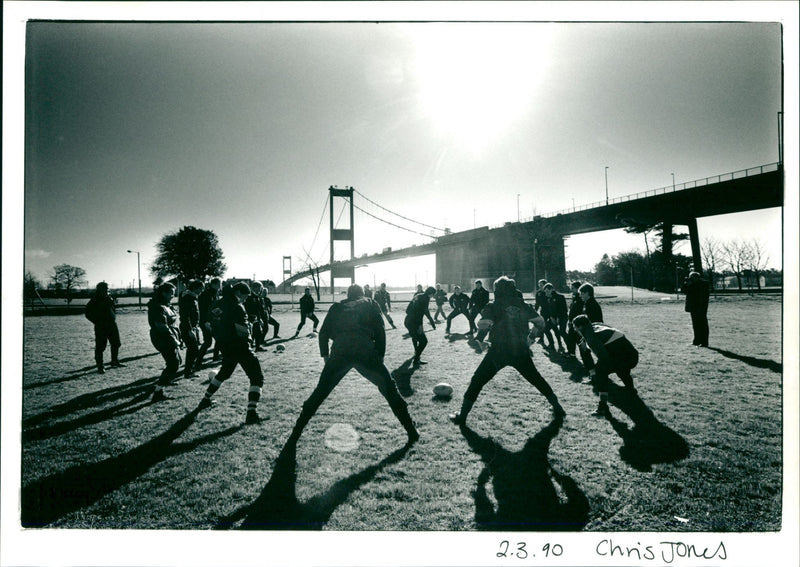 Scots training in shadow at Severn Bridge - Vintage Photograph
