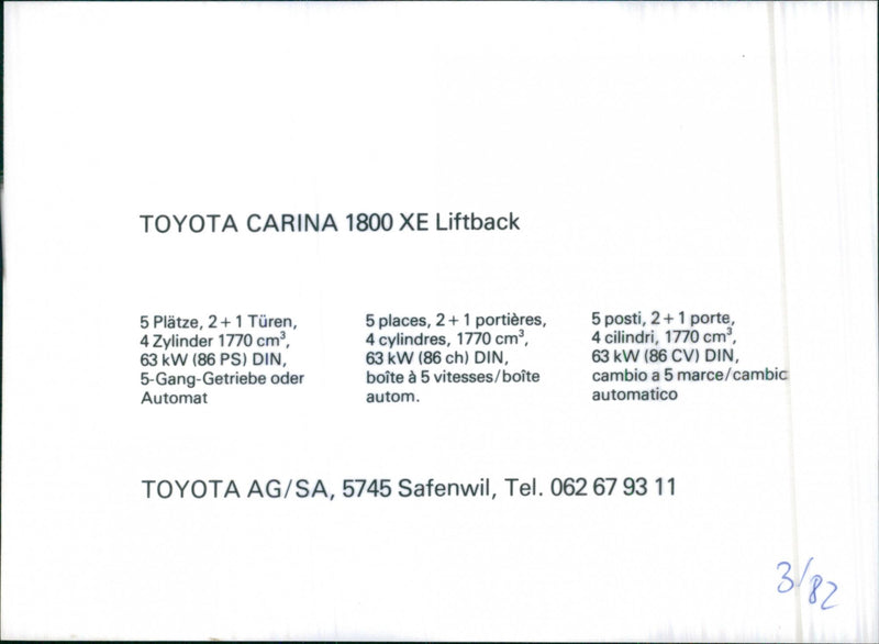 Toyota Carina 1800 XE Liftback - Vintage Photograph