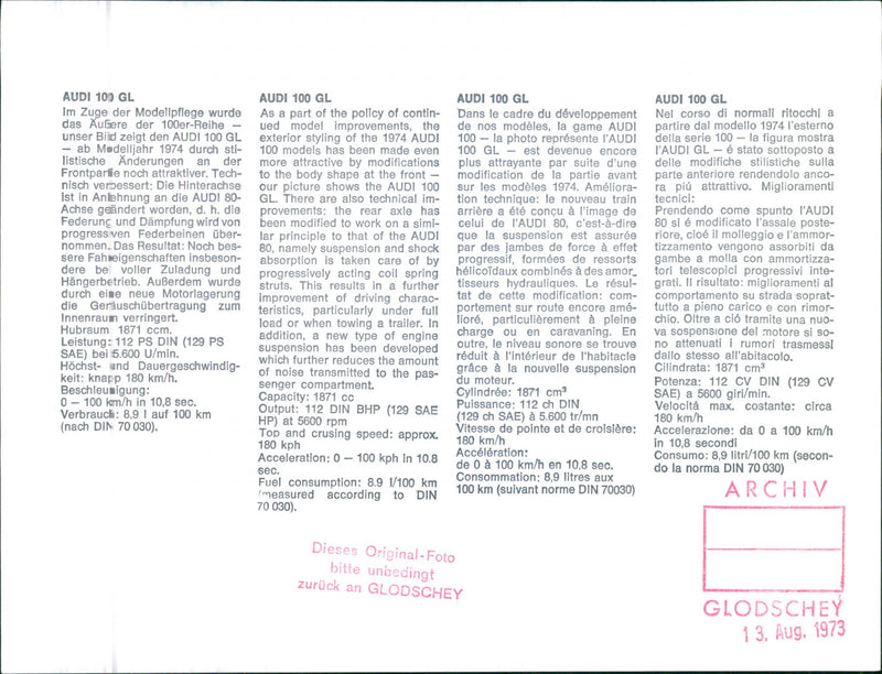 Front View of 1975 Audi 100 GL - Vintage Photograph