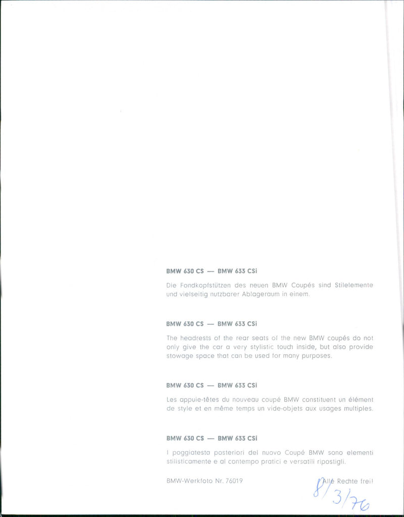 BMW 633 CSi rear headrest - Vintage Photograph