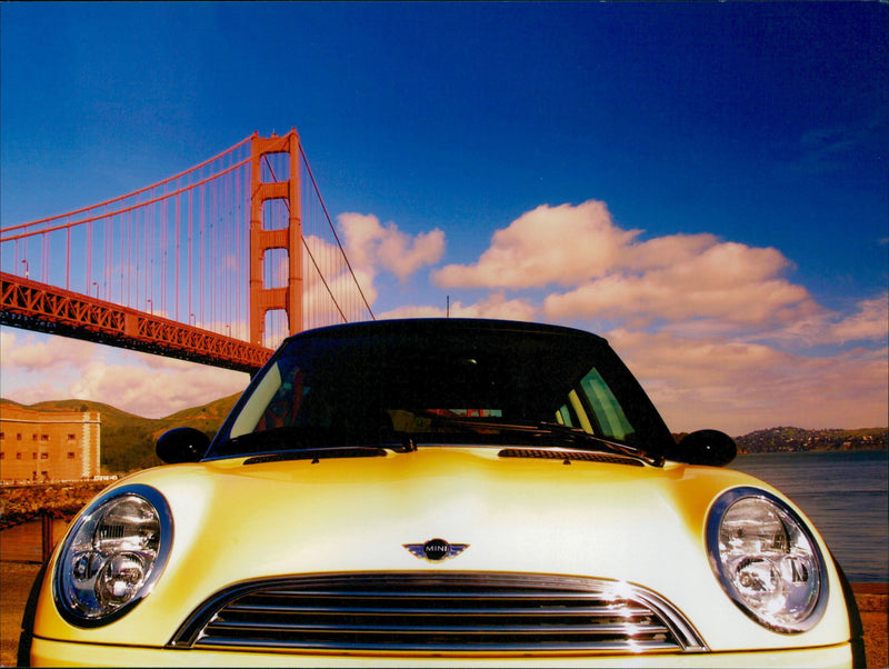 Mini Cooper in front of the Golden Gate Bridge - Vintage Photograph