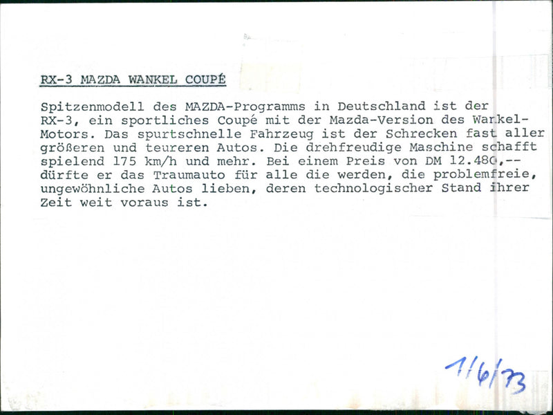 RX-3 Mazda Wankel Coupe - Vintage Photograph