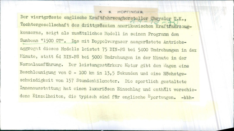 Sunbeam "1500 GT" - Vintage Photograph