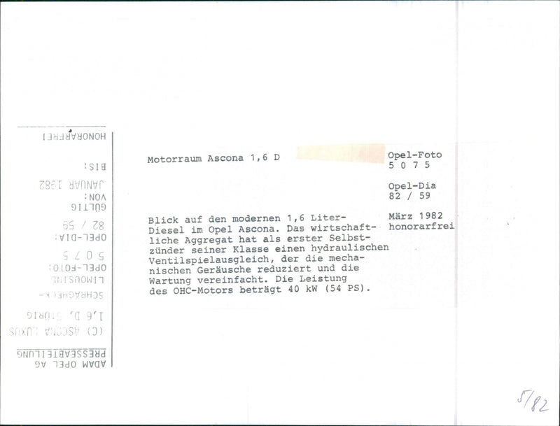 Opel Ascona engine compartment 1.6. Liter-Diesel - Vintage Photograph