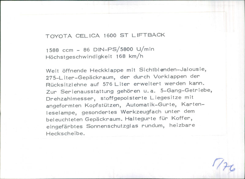 Toyota Celica 1600 ST Liftback - Vintage Photograph