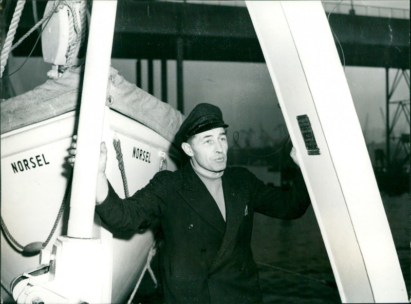 Norsel's skipper Guttorm Jakobsen at one of the lifeboats - Vintage Photograph