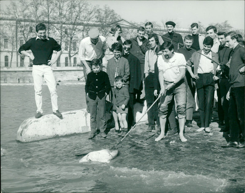 Fisherman pulling in his catch on the jetty - Vintage Photograph