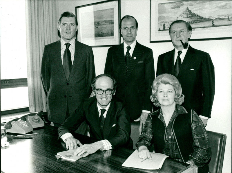 John Nott with Mrs. Sally Oppenheim, Mr. Cecil Parkinson, Mr. Norman Tebbit and Mr. Reginald Eyre. - Vintage Photograph