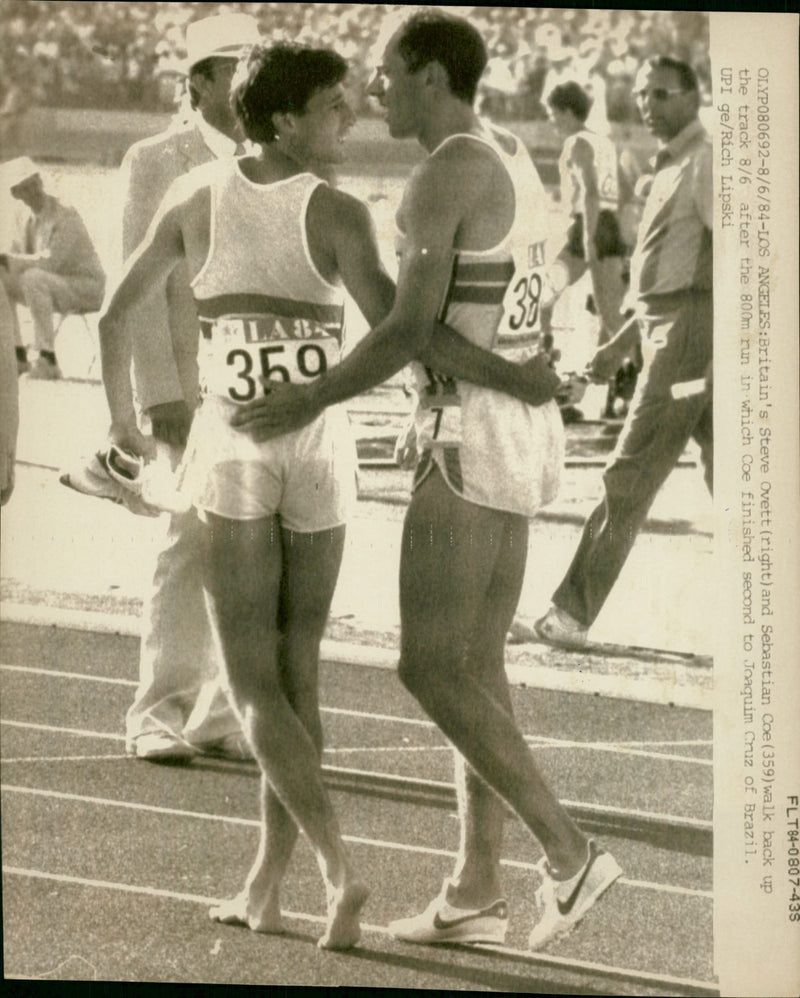 Britain's Sebastian Coe and Steve Ovett after the 800 meter race where Coe came second - Vintage Photograph