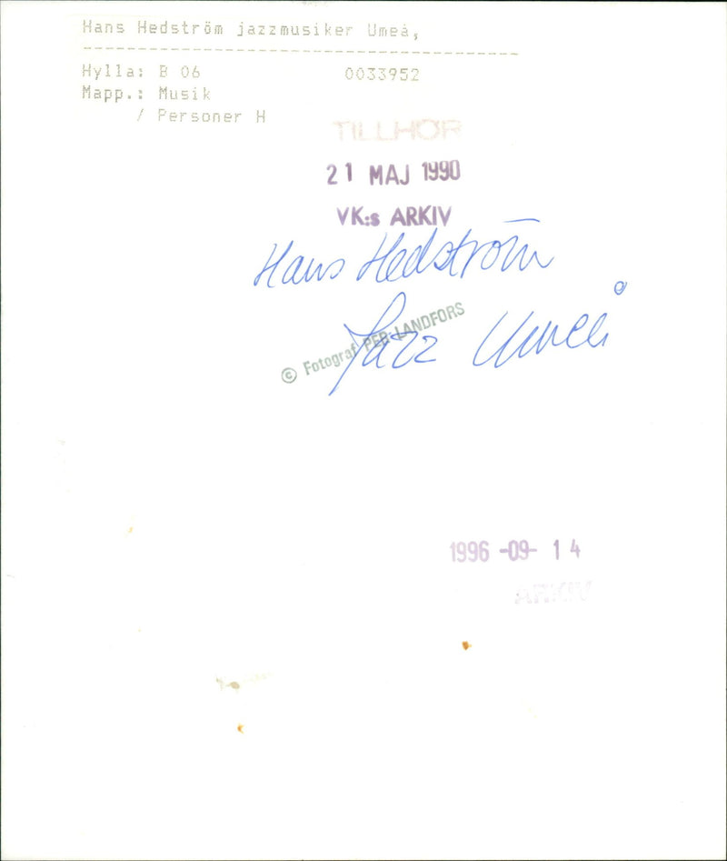 Hans Hedström, jazz musician Umeå - Vintage Photograph