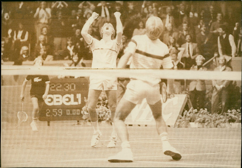 Anders Järryd and Stefan Edberg are cheering. Sweden won the double in the Davis Cup - Vintage Photograph