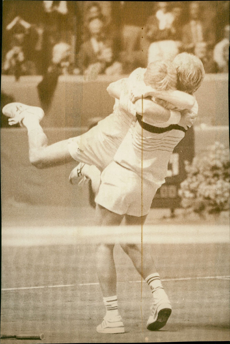 Anders Järryd and Stefan Edberg cheer for the victory against the USA in the Davis Cup - Vintage Photograph