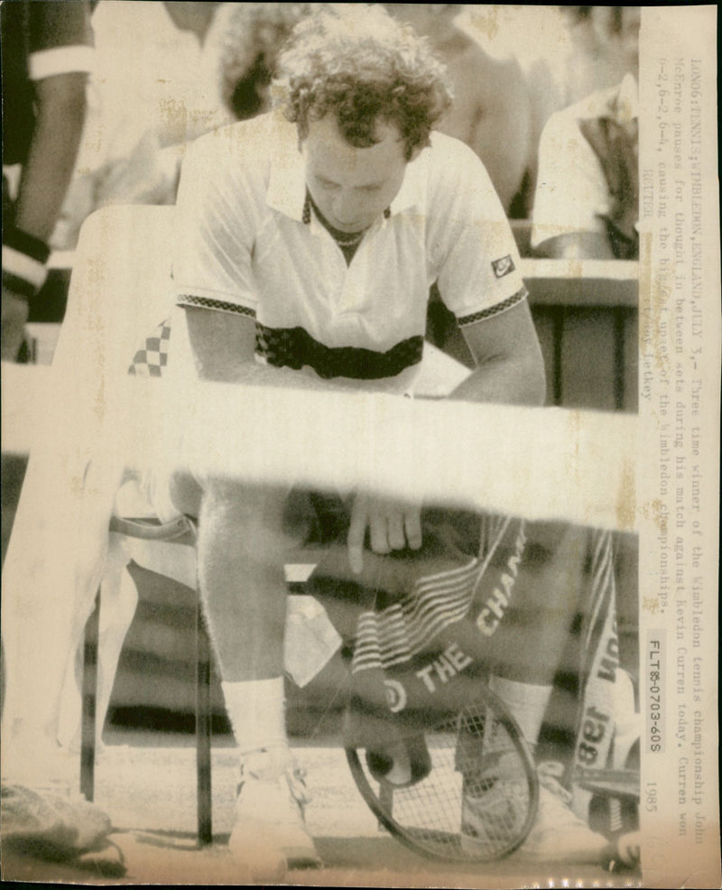John McEnroe during a break in the Wimbledon match against Kevin Curren - Vintage Photograph