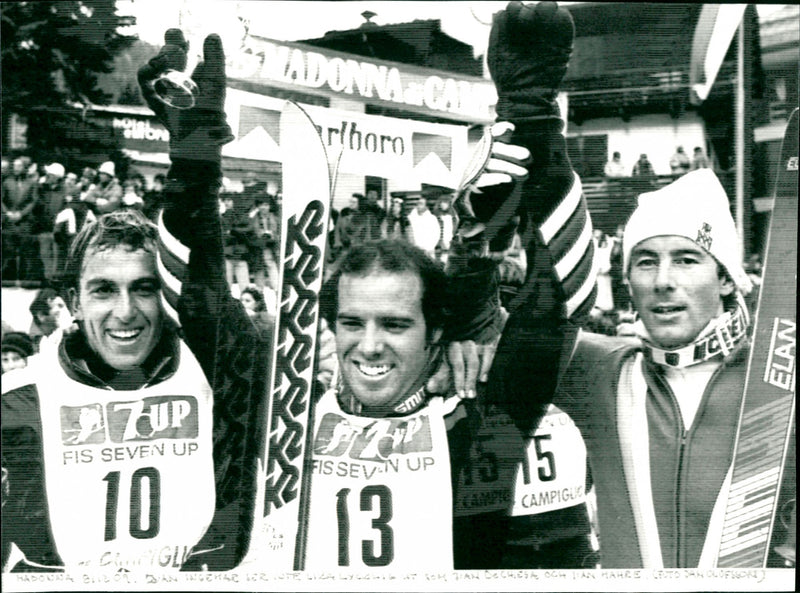 Paolo De Chiesa, Phil Mahre and Ingemar Stenmark on the podium - Vintage Photograph