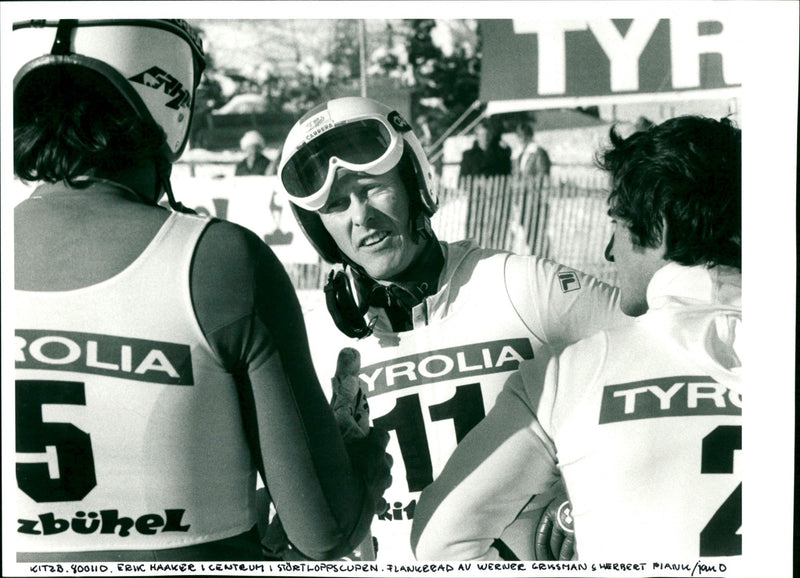 Erik Haaker in the center of the downhill race. Flanked by Werner Grissman and Herbert Plank - Vintage Photograph