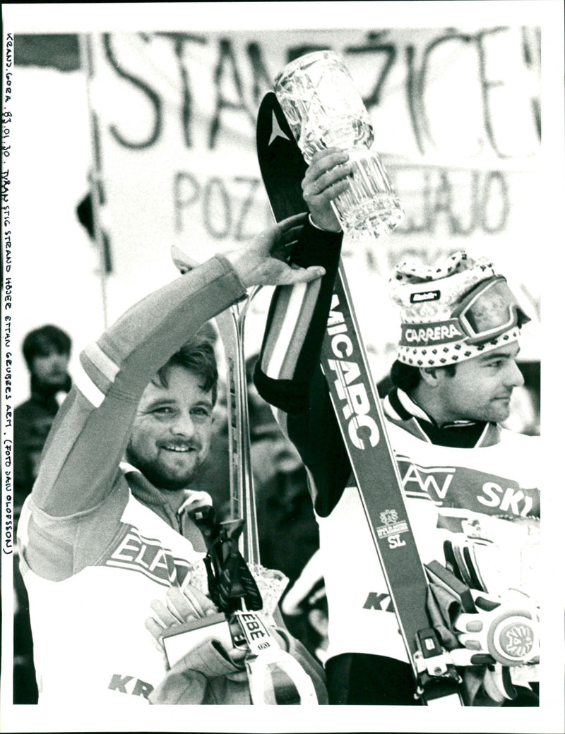 Stig Strand raises one Franz Gruber's hand in Kranjska Gora - Vintage Photograph