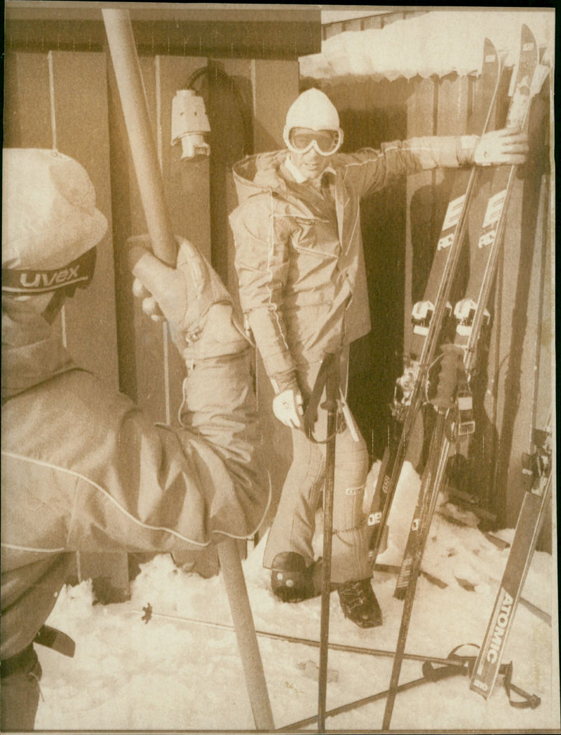 Ingemar Stenmark tries magnificent skiing under Hermann Nogler's watchful eye - Vintage Photograph