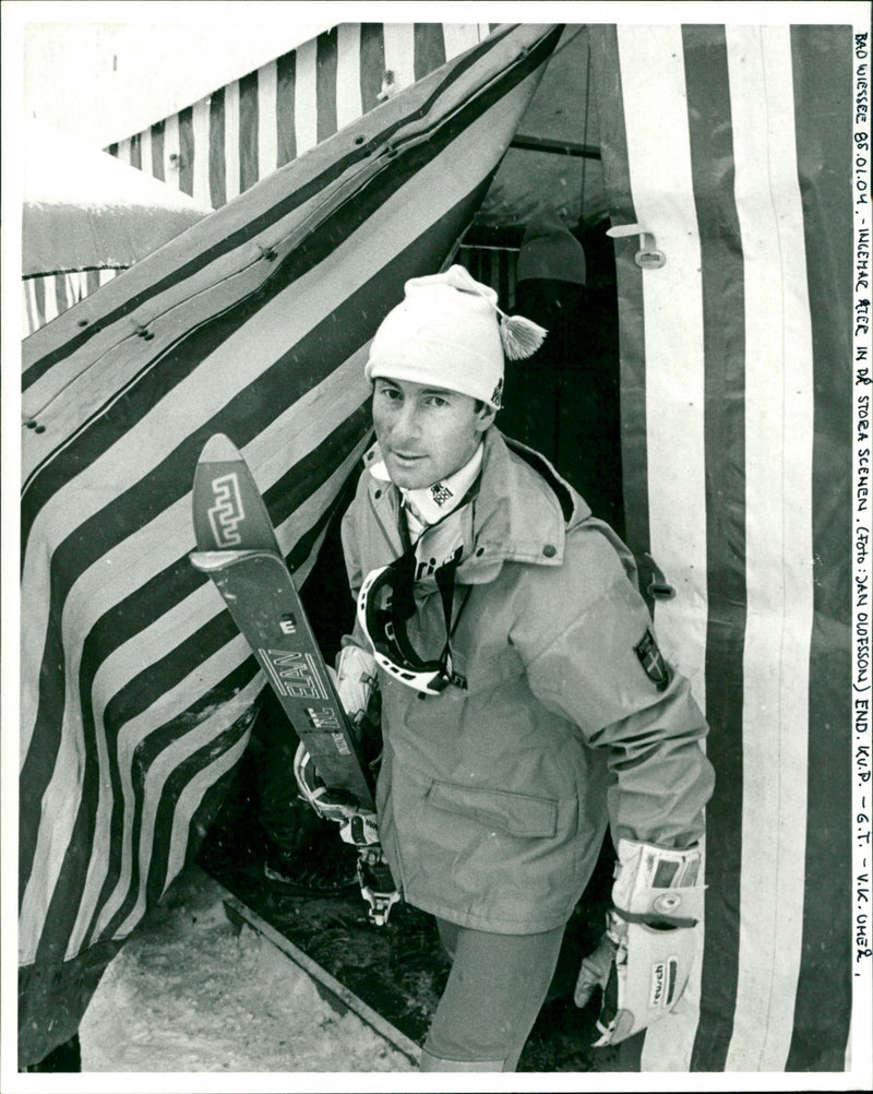 Ingemar Stenmark comes out of the tent in Bad Wiessee - Vintage Photograph