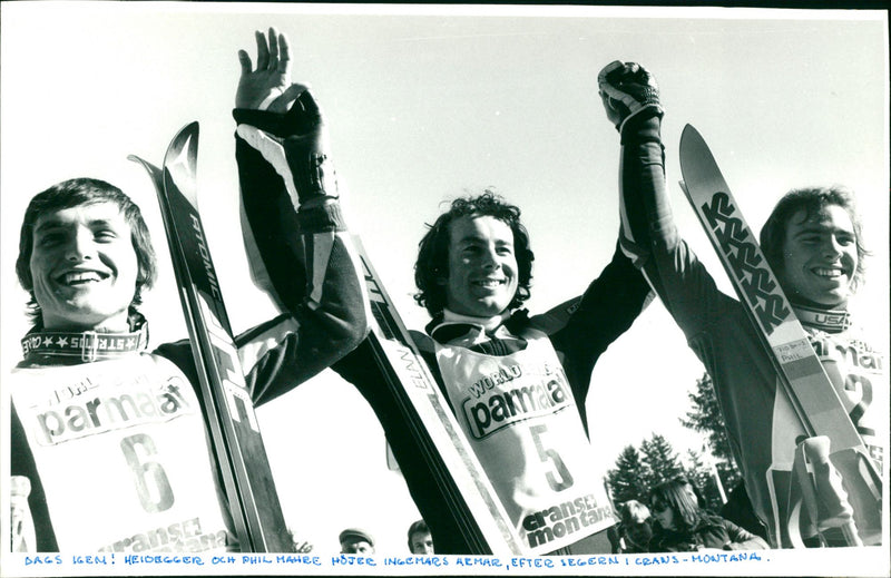 Ingemar Stenmark on the podium with Klaus Heidegger and Phil Mahre - Vintage Photograph