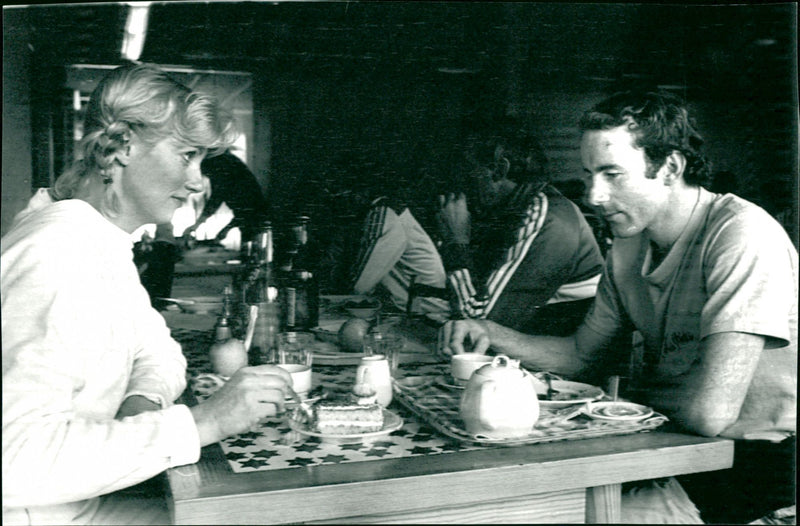 Ingemar Stenmark and Ann Uvhagen take a cup of coffee - Vintage Photograph