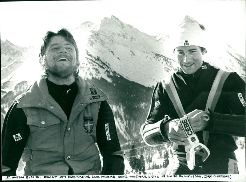 Stig Strand and Ingemar Stenmark have free ski day in St. Anton - Vintage Photograph