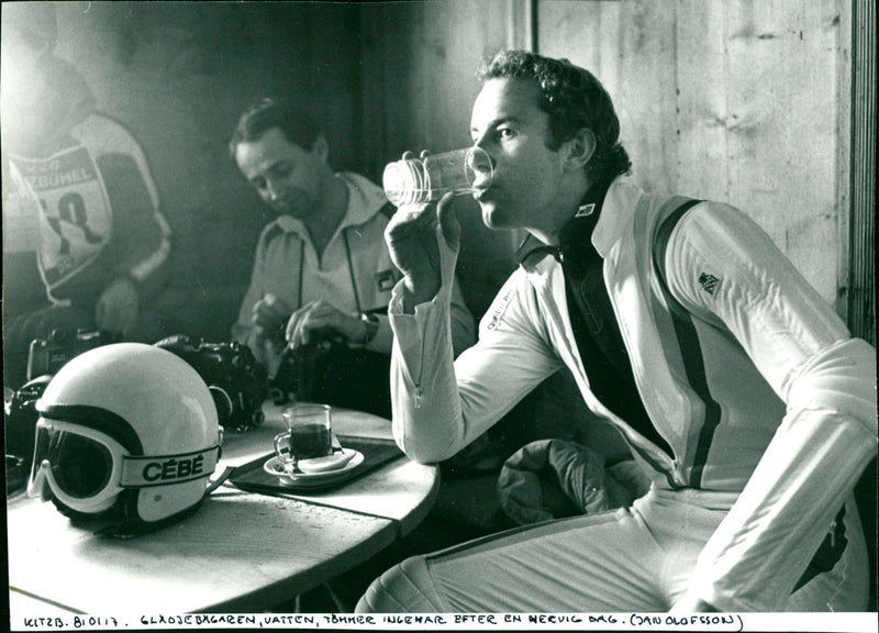 Ingemar Stenmark drinks a glass of water during a break in Kitzbühel - Vintage Photograph