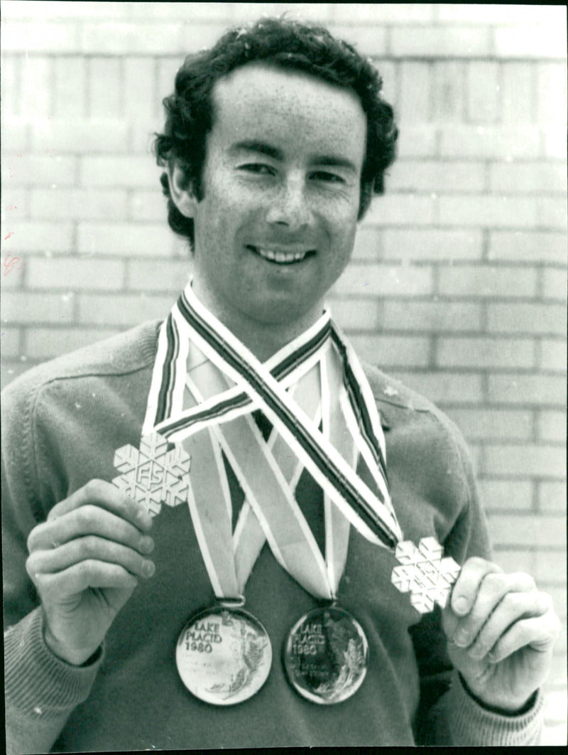 Ingemar Stenmark with the gold medals from the Olympic Games and the FIS World Cup for slalom and grand slalom 1980 - Vintage Photograph