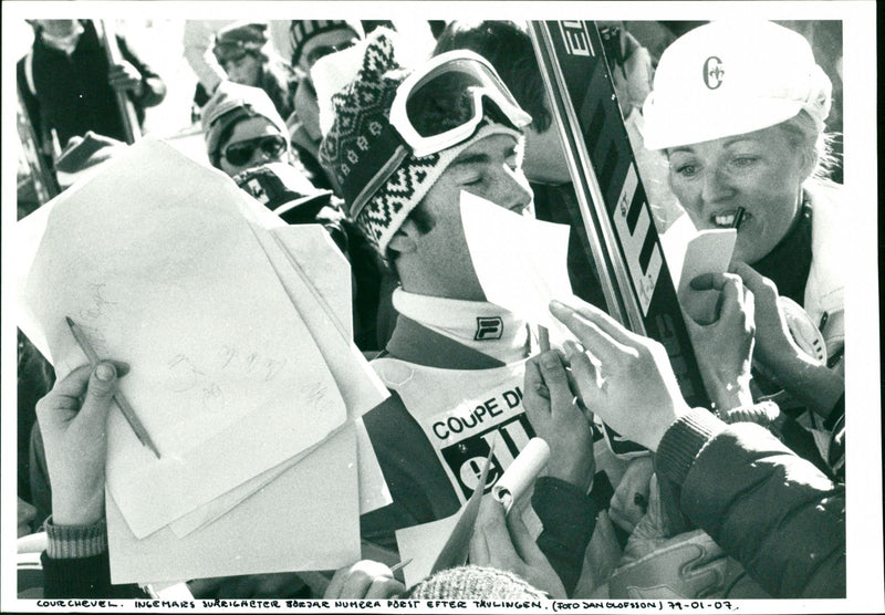 Ingemar Stenmark writes autographs after the competition in Courchevel - Vintage Photograph