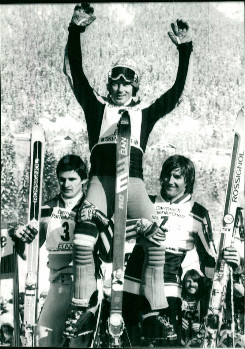 Ingemar Stenmark is lifted after the victory in Garmisch - Vintage Photograph