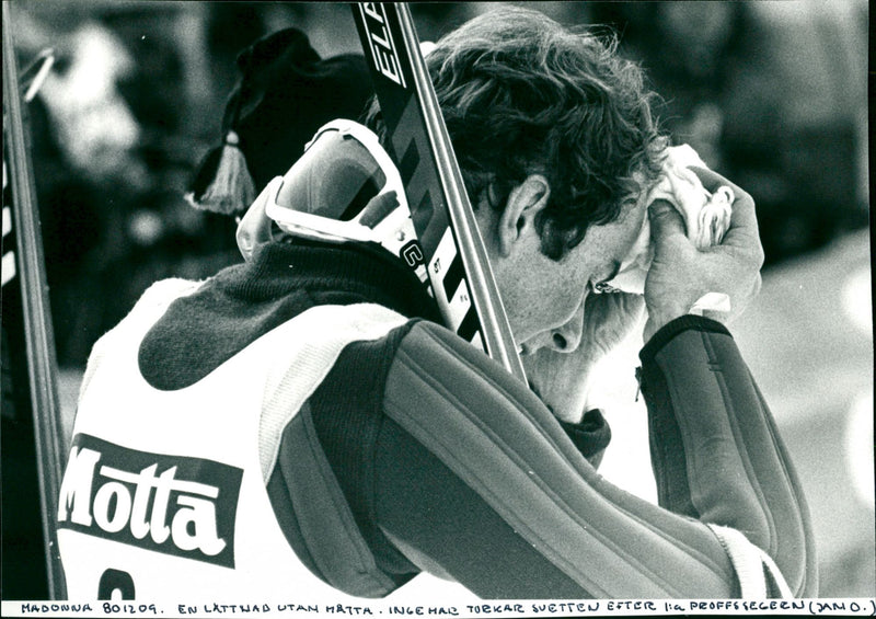Ingemar Stenmark wipes the sweat after the victory in Madonna - Vintage Photograph
