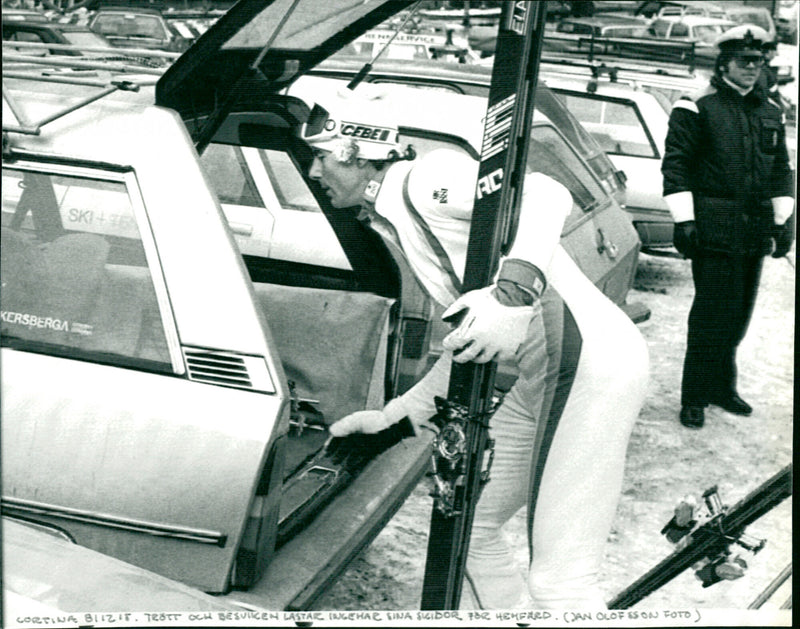 Ingemar Stenmark loads his skis for homecoming - Vintage Photograph