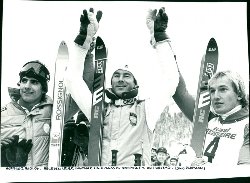 Joël Gaspoz, Ingemar Stenmark and Bojan Križaj at the Morzine podium - Vintage Photograph