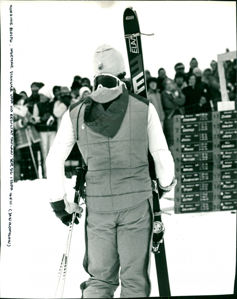 Ingemar Stenmark stops at the scoreboard in Morzine - Vintage Photograph