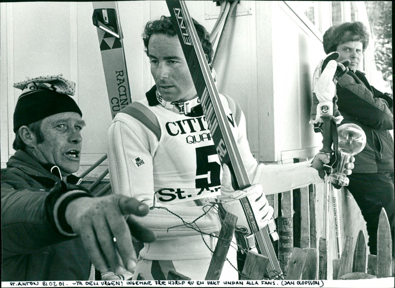 Ingemar Stenmark gets help from a guard away from all St. Anton - Vintage Photograph