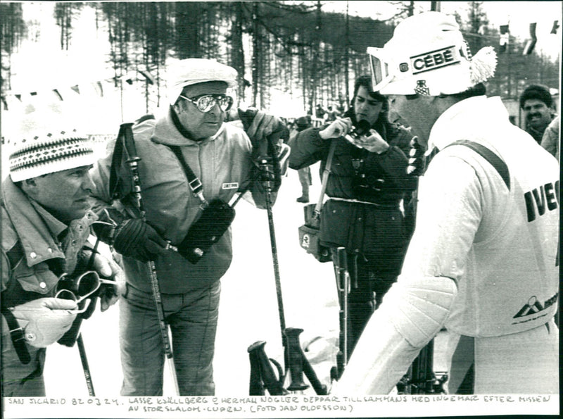 Lasse Kjällberg and Herman Nogler together with Ingemar Stenmark after the miss of the big slalom cup in San Sicario - Vintage Photograph