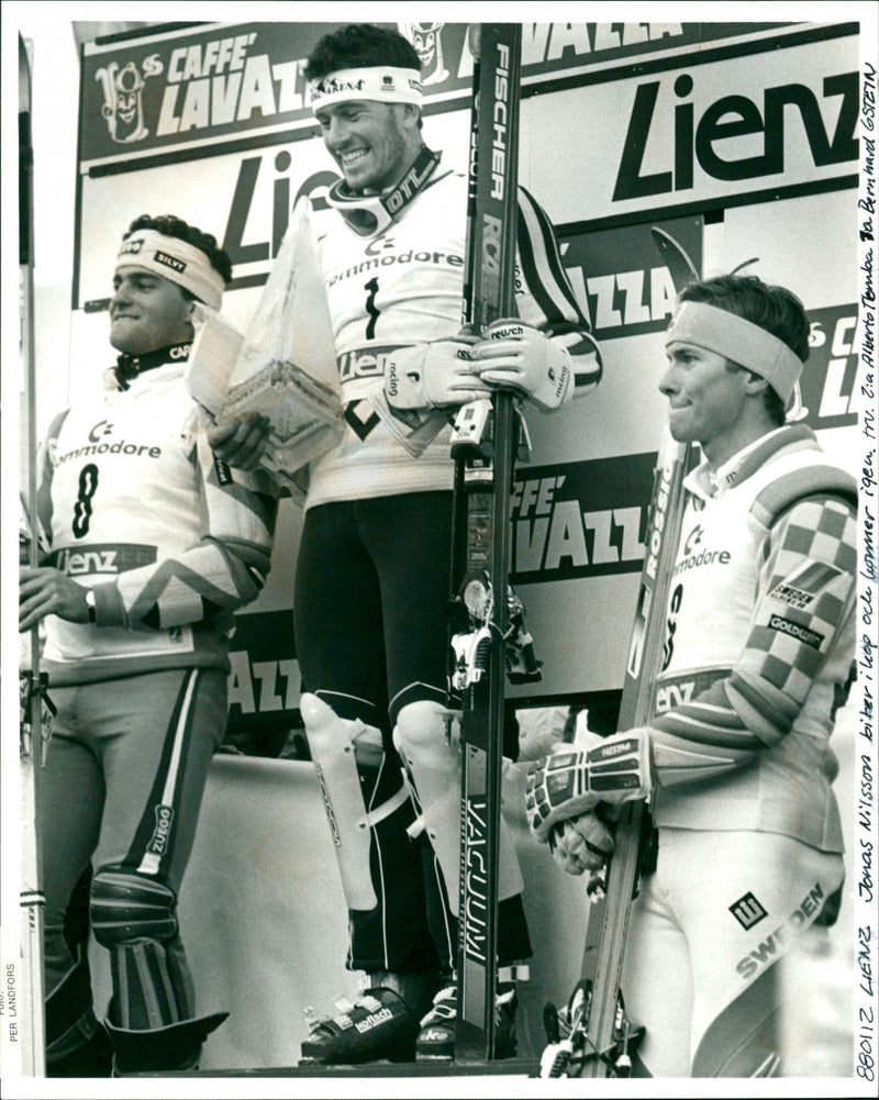 2nd Alberto Tomba, 1st Bernhard Gstein and 3rd Jonas Nilsson - Vintage Photograph