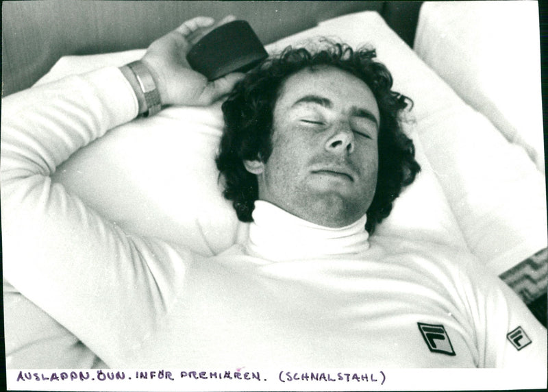 Ingemar Stenmark does a relaxing exercise before the premiere in Schnalstal - Vintage Photograph