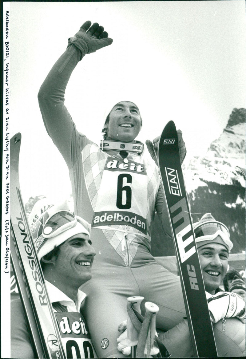 Ingemar Stenmark is hosted by 2nd Jacques Lüthy and 3rd by Joël Gaspoz - Vintage Photograph