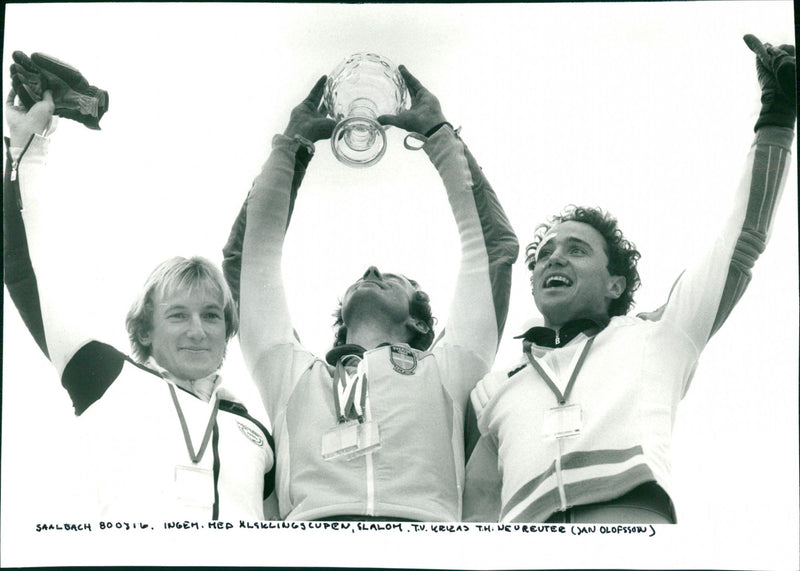 Ingemar Stenmark with the slalom cup, e.g. Bojan Križaj vs. Christian Neureuther - Vintage Photograph