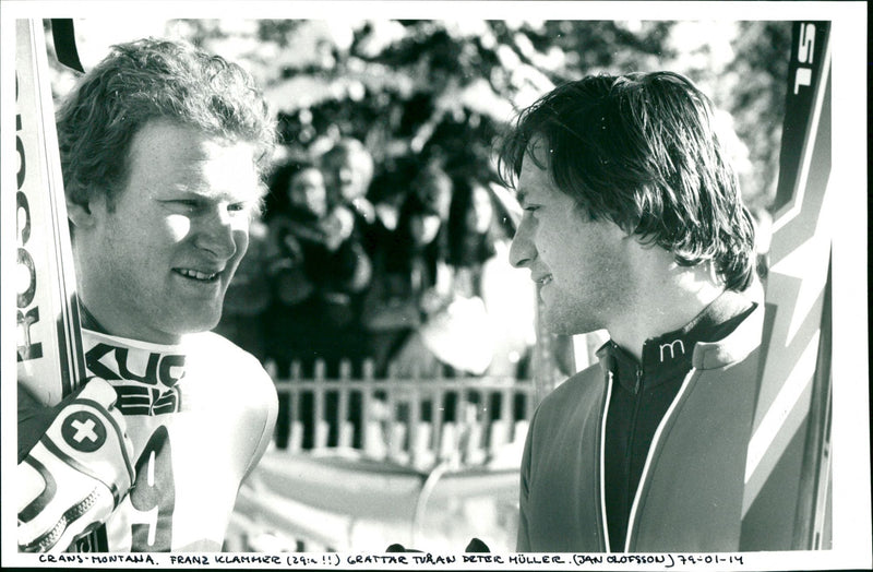 Franz Klammer congratulates second Peter Müller in Crans-Montana - Vintage Photograph