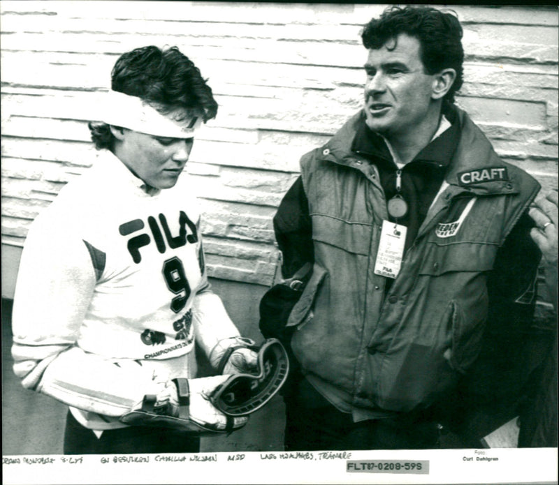 A disappointed Camilla Nilsson with Lars Hjalmars, coach - Vintage Photograph